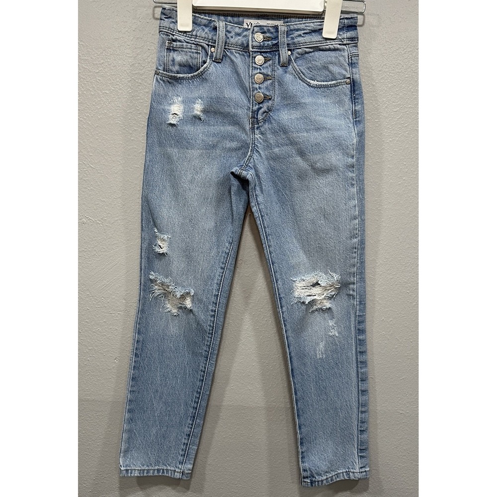 YMI Skinny Jeans Girls Sz 6/7 Blue Button Up Selena Fit Hybrid Denim Distressed